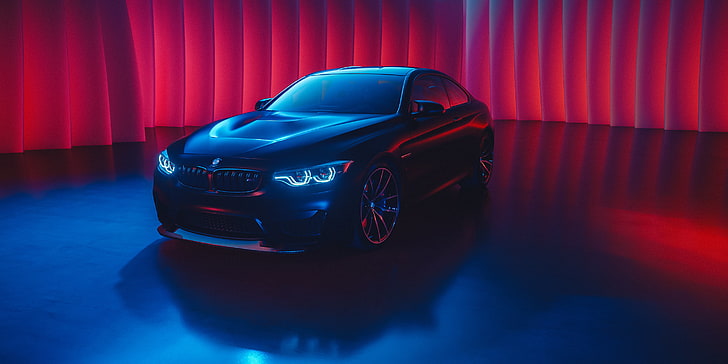 black BMW sedan, BMW M4, car, cyan, blue, red, glowing, black cars HD wallpaper