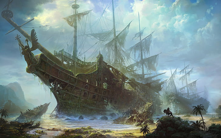 sea, old ship, shipwreck, fantasy art