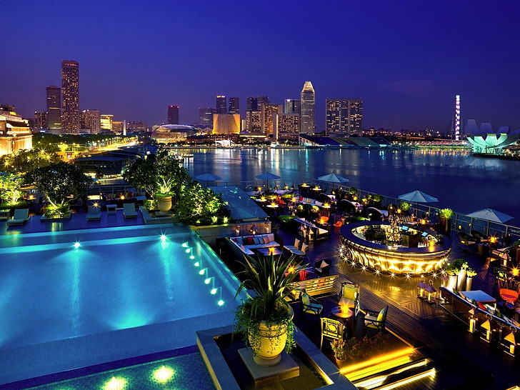 swimming pool, night, lights, landscape, Singapore, architecture