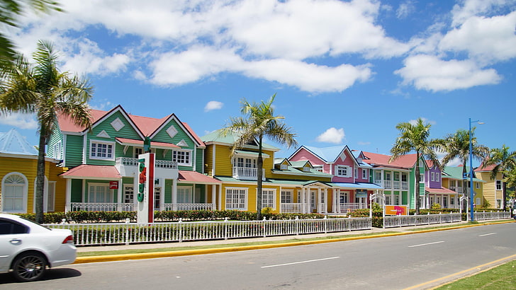 dominican republic, street, plams, clouds, houses, colorful