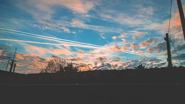 blue sky, warm colors, clouds, fall, photography, horizon, sunset, HD wallpaper