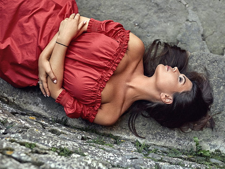 girl, pose, hands, neckline, red dress, shoulders, closed eyes