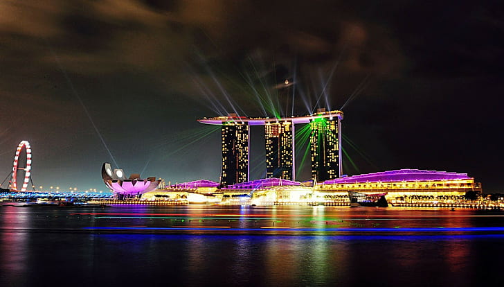 Marina Bay, lights, ferris wheel, Singapore, building