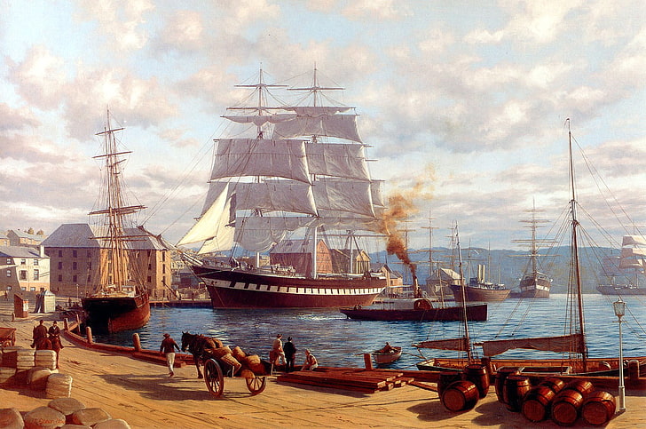 brown and white galleon ship in dock painting, rowboat, barrels