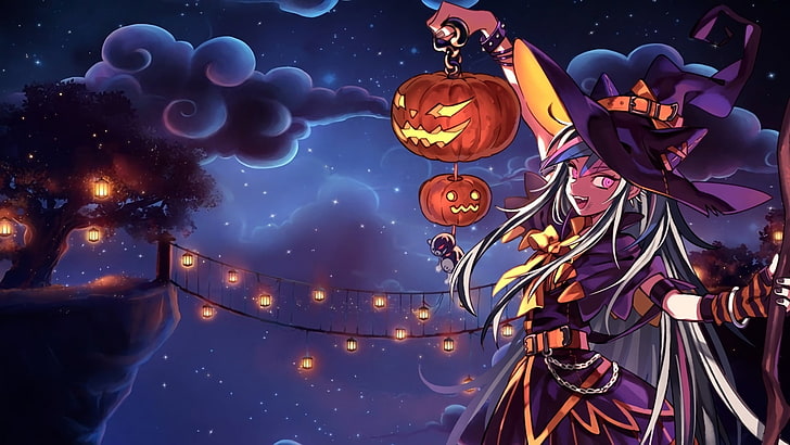 Danganronpa 2, Ibuki Mioda, Halloween, anime girls, witch, pumpkin, HD wallpaper