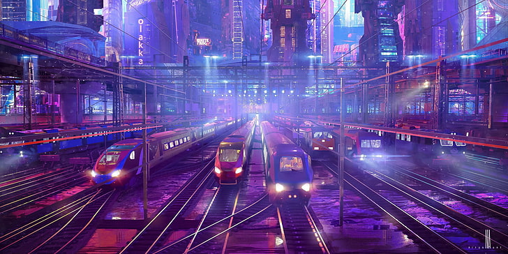 three white bullet trains, niyas ck, illustration, city, neon