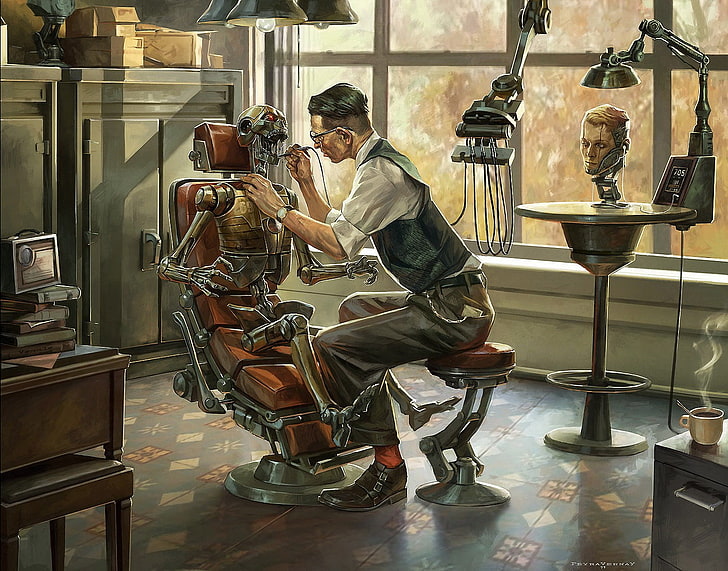 man fixing robot on dentist chair illustration wallpaper, artwork