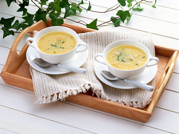 two round white ceramic soup bowls, tray, food, dishes, heat - Temperature, HD wallpaper