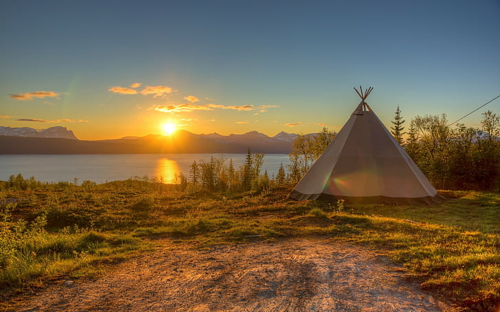 camping, Tipi, Sun, lake, HD wallpaper