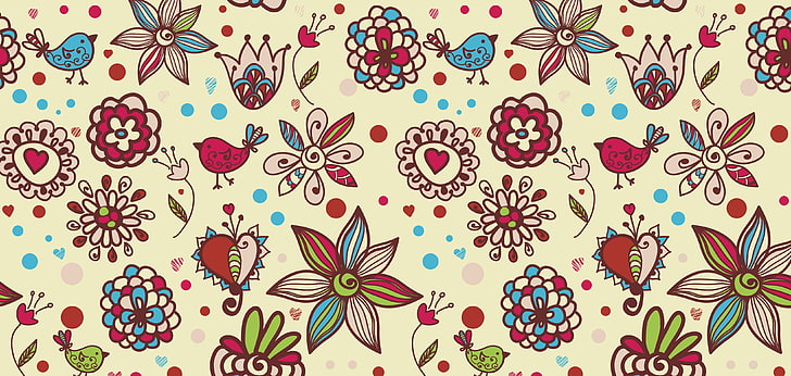 multicolored flowers illustration, texture, birds, hearts, background, HD wallpaper