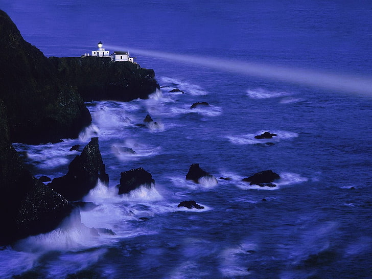 sea, lighthouse, coast, water, motion, beauty in nature, rock, HD wallpaper