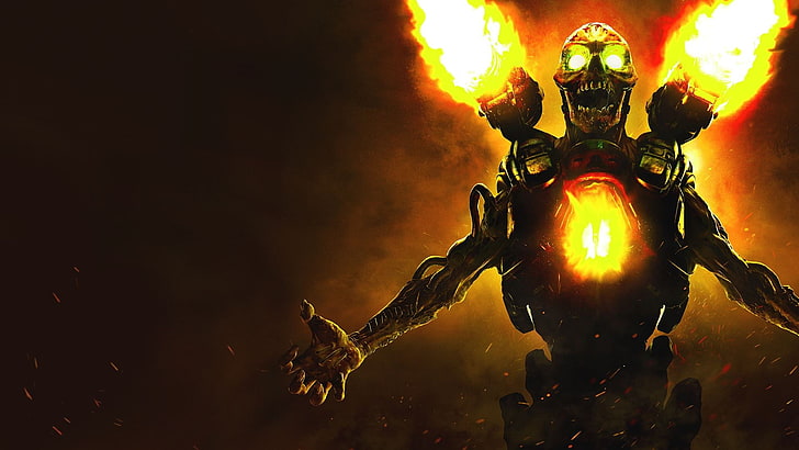 yellow skeleton with fire 3D wallpaper, Doom 4, Doom (game), Bethesda Softworks, HD wallpaper