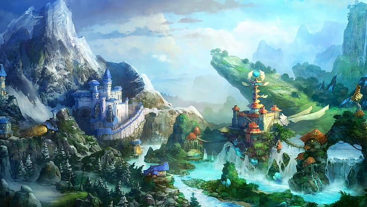 castle, fantasy art, water, nature, mountain, scenics - nature, HD wallpaper