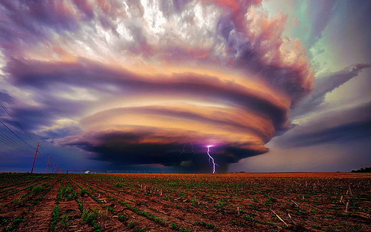landscape, storm, lightning, field, tornado, sky, cloud - sky, HD wallpaper