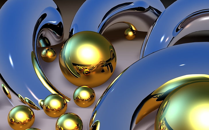 round gold and silver steel ornaments, balls, patterns, metal, HD wallpaper