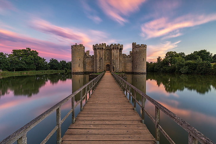 bridge, castle, England, East Sussex, Bodiam Castle