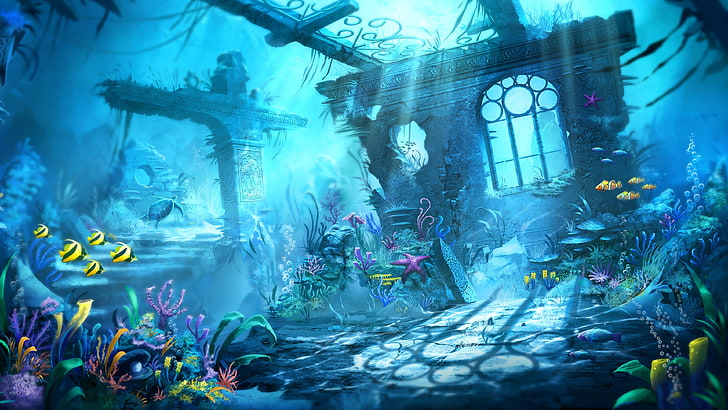 sea creature and house wallpaper, fantasy art, ruins, underwater