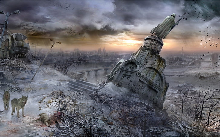 cathedral ruins with wolf wallpaper, artwork, apocalyptic, winter
