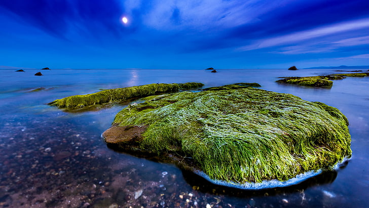 green island, nature, landscape, night, Moon, clouds, Scotland