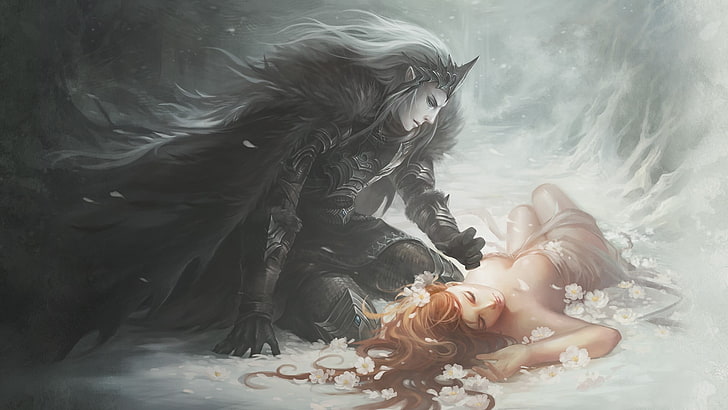 man leaning to woman wallpaper, winter, snow, fantasy art, redhead