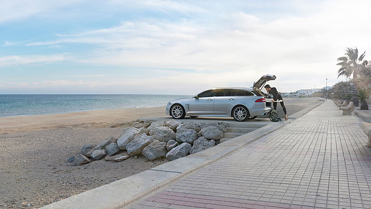 Jaguar XF, beach, sea, car, silver cars, vehicle, sky, transportation, HD wallpaper