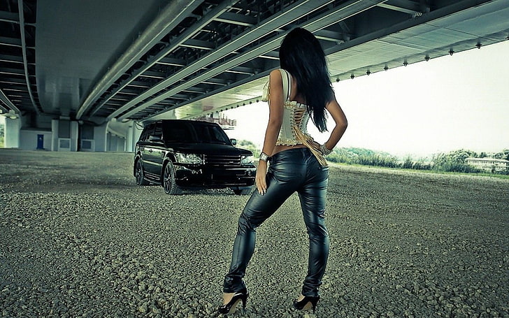 women's black leather pants and black SUV, brunette, car, Range Rover