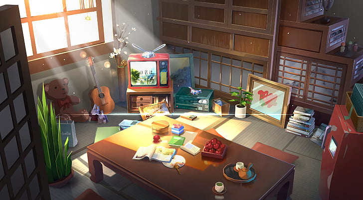 HD wallpaper: Anime, Original, Guitar, Room, TV set, Touhou | Wallpaper  Flare
