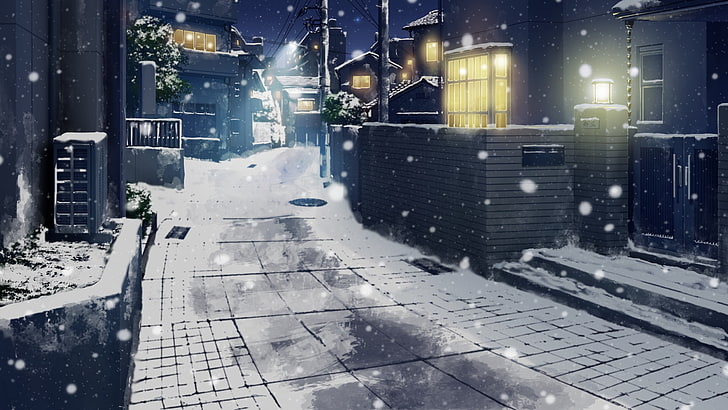 gray concrete road illustration, snow, night, city, Japan, anime