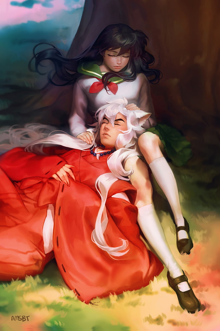 Inuyasha and Kagumi anime wallpaper, fantasy art, white hair