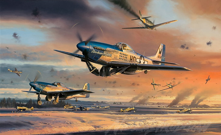 fighter jet illustration, the plane, Mustang, painting, WW2, P-51 Mustang, HD wallpaper