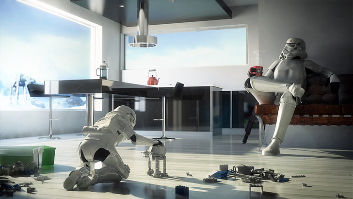 Star Wars Storm Trooper, Stormtrooper sitting on sofa and one other playing AT-AT toy on floor