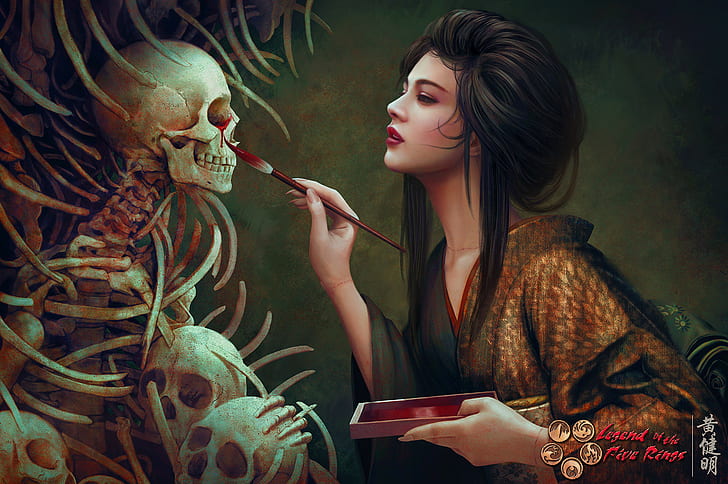 artwork, women, Asian, geisha, skeleton, blood, skull, Japan
