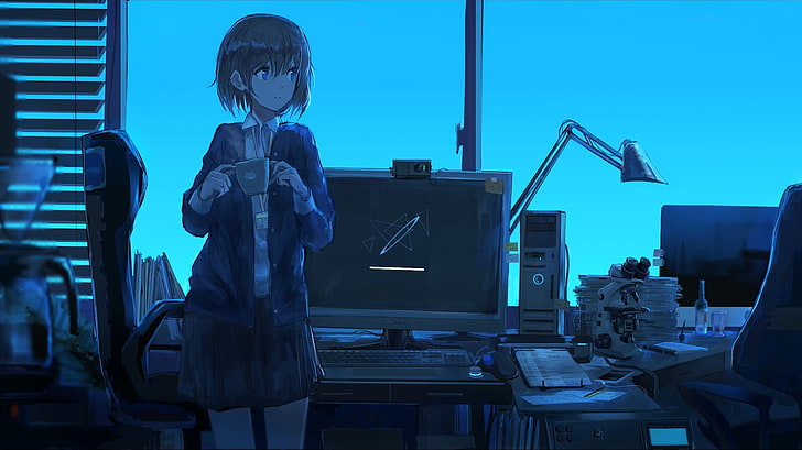 computer, office, cup, lamp, technology, child, childhood, one person