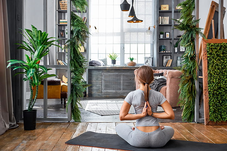 girl, pose, room, interior, plants, figure, hairstyle, yoga, HD wallpaper
