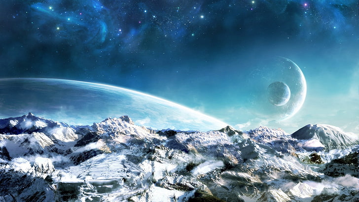 blue mountains outer space stars planets stardust cosmic dust Nature Mountains HD Art, HD wallpaper