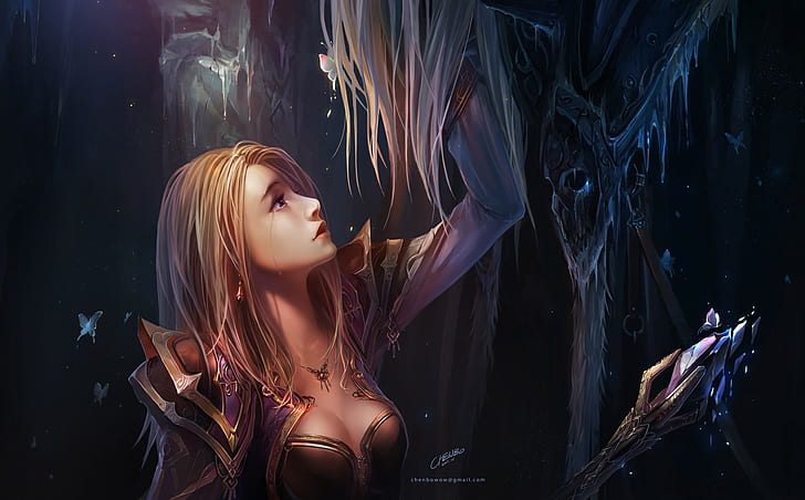 Arthas, Jaina Proudmoore, armor, staff, Warcraft, Chenbo, HD wallpaper