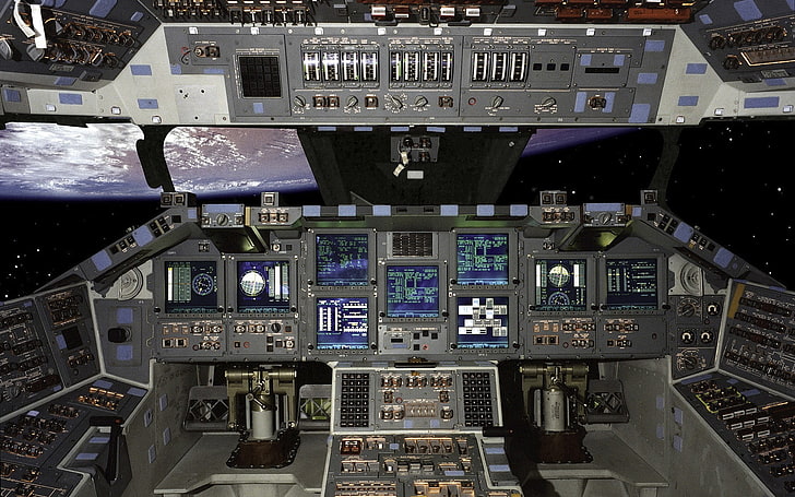 space ship control panel, cockpit, spaceship, airplane, no people