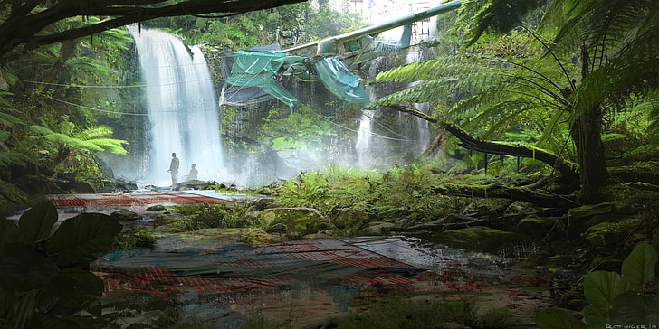 waterfalls and green trees, artwork, fantasy art, concept art