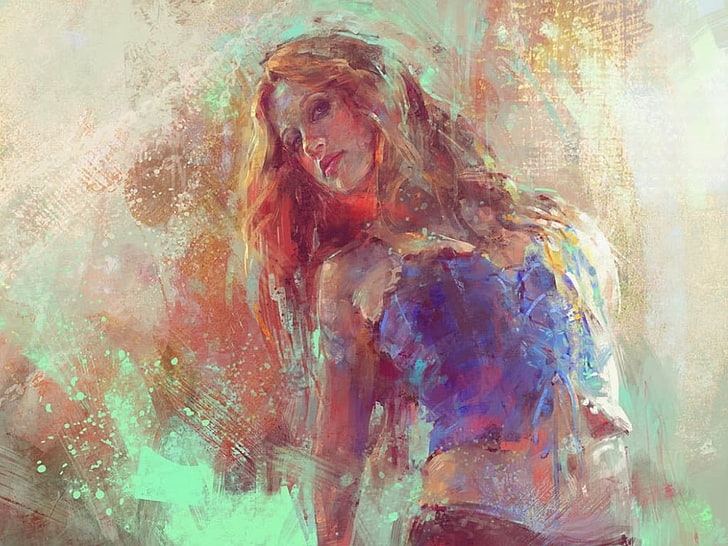 artwork, painting, paint splatter, belly, women, redhead, Marta Nael, HD wallpaper