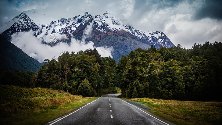 roadway near snow-capped mountain during daytime, HDR, nature, HD wallpaper