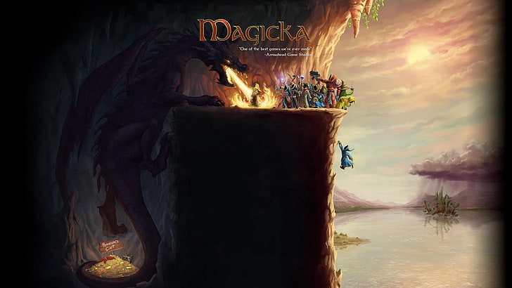 Magicka digital wallpaper, dragon, nature, water, burning, sky