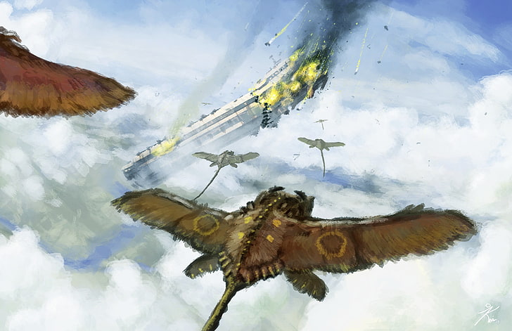 flying animal illustration, sky, birds, bats, moths, clouds, spaceship