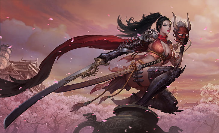 woman holding sword anime illustration, look, girl, pose, weapons