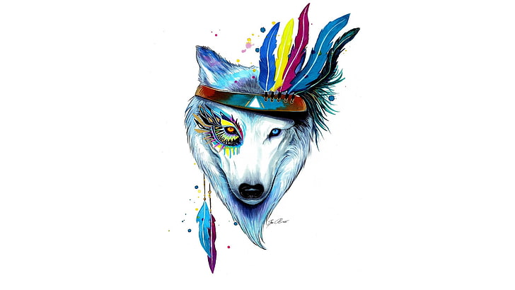 wolf wearing feather headband Wallpaper, drawing, feathers, colorful, HD wallpaper