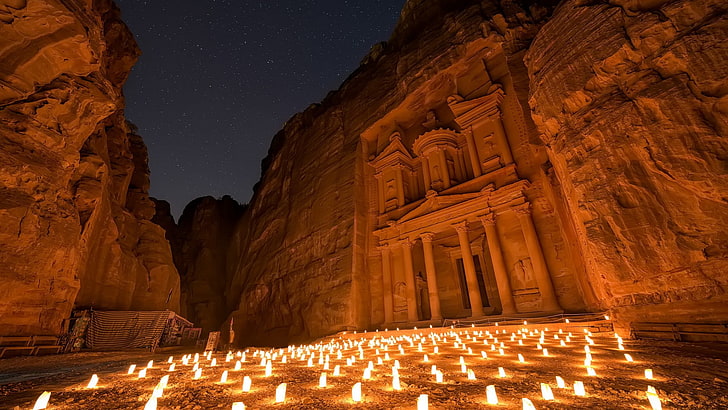 Petra, ancient, Jordan (country), candles, rocks, building, HD wallpaper