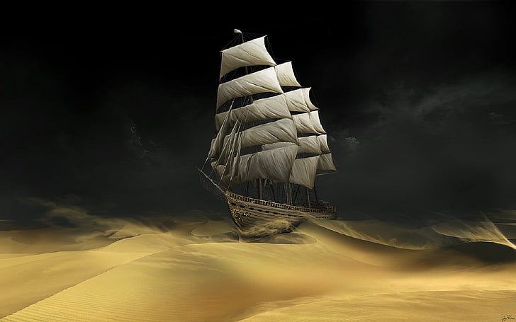 sand, sailing ship, dark, desert, fantasy art, sky, no people, HD wallpaper