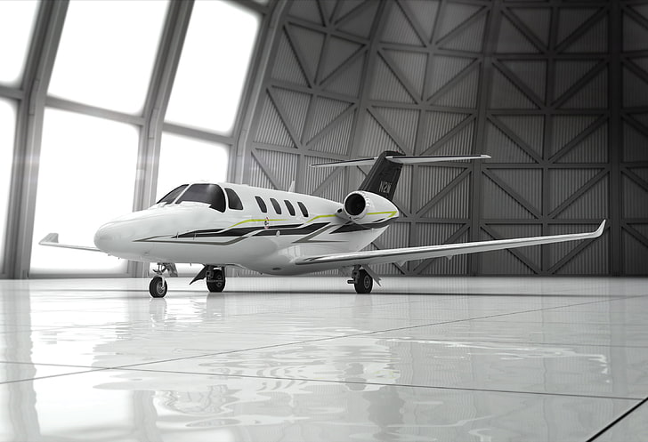 white and black airplane, Hangar, 3D Aircraft, Private Jet, Citation M2 Latitude