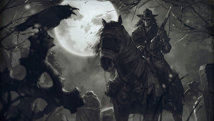 Dark, Men, Cowboy, Crow, Hat, Horse, Man, Moon, Night, Rifle, HD wallpaper
