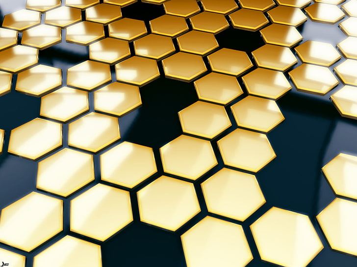 Honey Cell, yellow and black hex surface, 3D, hexagon, pattern, HD wallpaper