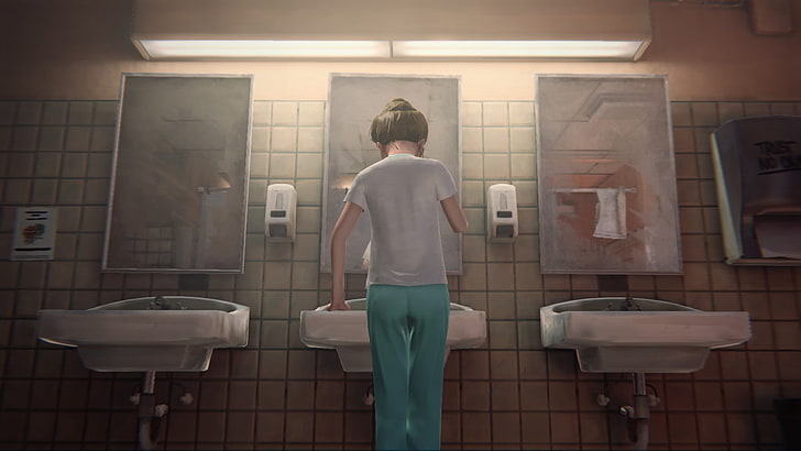 Life Is Strange, Blackwell Academy, Kate Marsh, bathroom, rear view, HD wallpaper